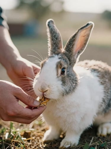 Close-up of a volunteer gently feeding a rescued rabbit at the Santa Clarita ranch, hands visible, warm natural light, shallow depth of field, 35mm film.