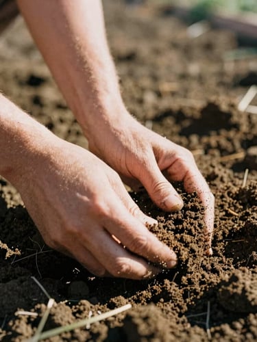 Hands sifting rich, dark soil mixed with natural fertilizer, sun-dappled, close-up, warm natural light, shallow depth of field, 35mm film.