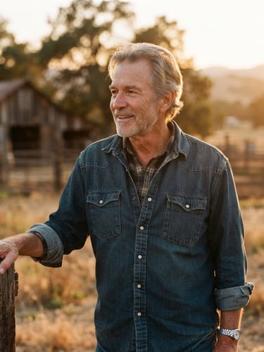 Authentic, unposed portrait of Tom Scott Snyder, warm golden-hour light, shallow depth of field, ranch setting, slightly smiling, looking off-camera