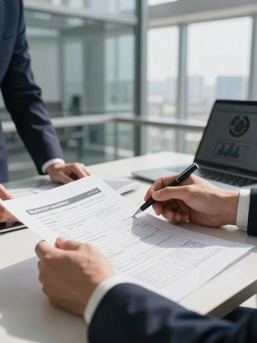 Hands reviewing high-end business plans and financial spreadsheets in a sunlit architectural office, sharp focus, professional atmosphere, 35mm