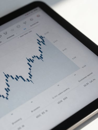 Macro detail shot of a sleek tablet displaying clean financial charts with sharp daylight shadows, modern corporate aesthetic