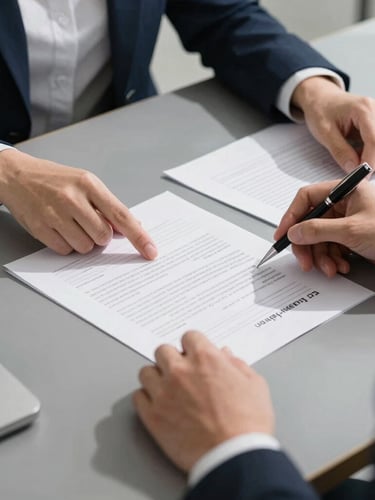 Close-up of hands reviewing high-end business plans on a slate gray desk, crisp daylight with sharp shadows, modern corporate photography