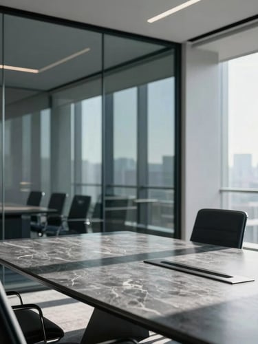 Sleek, modern glass-walled conference room with sharp morning shadows, a polished slate table reflecting soft daylight, professional architectural depth, 35mm editorial corporate photography