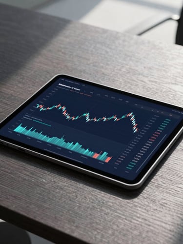 Sleek modern tablet displaying clean financial charts on a dark wood desk, sharp shadows, crisp daylight, corporate aesthetic, 35mm