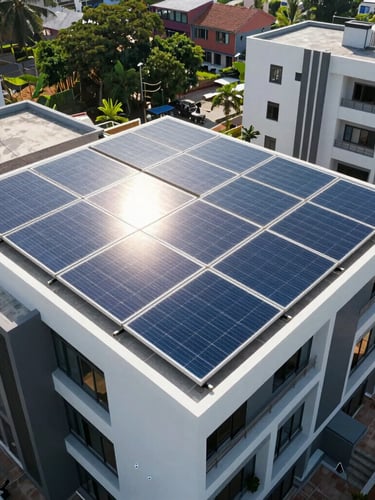 Wide-angle drone shot of a modern residential rooftop in Mysuru with sleek monocrystalline solar panels reflecting bright midday Karnataka sunshine, clean architectural lines.