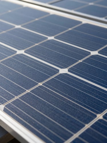 Close-up technical shot of monocrystalline half-cut solar panel cells under direct, intense midday sunlight, showcasing the precise metallic grid lines and dark blue silicon texture.
