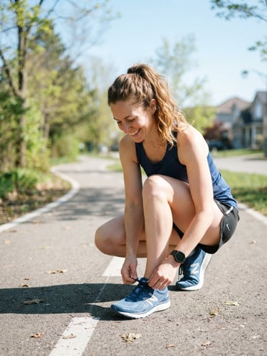 A smiling everyday person in their 30s tying their running shoes on a sunny suburban path, bright morning daylight, crisp blue tones, shallow depth of field, 35mm
