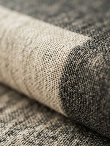 Macro photograph of a linen-bound book spine, soft north-facing window light, visible fabric texture, warm cream and deep charcoal tones, shallow depth of field