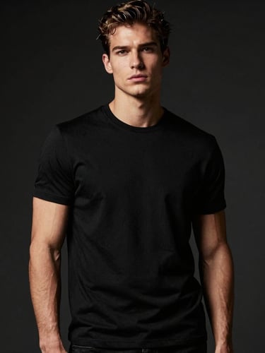 masculine editorial fashion photography, high-contrast studio lighting, deep blacks with subtle gold highlights, sharp focus, 85mm lens. A model with confident, relaxed posture wearing a premium black t-shirt.
