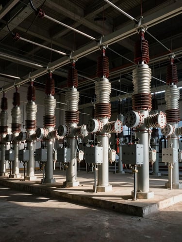 Wide-angle architectural shot of a complex electrical substation, clean cable trays running along the ceiling, dramatic high-contrast side lighting, industrial environment