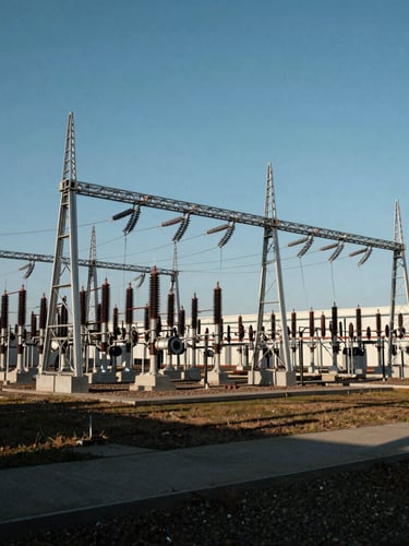 Wide-angle architectural shot of a massive electrical substation, high-contrast shadows, natural daylight highlighting complex metallic structures and cable trays.