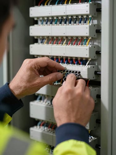 Macro close-up of an engineer's hands in high-visibility gear inspecting a complex electrical panel, high-contrast architectural shadows, sharp focus on the wiring connections.