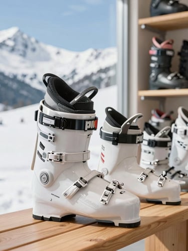 Bright high-key alpine daylight, family fitting ski boots in a local Jindabyne shop, wooden benches, warm winter gear, 35mm lens