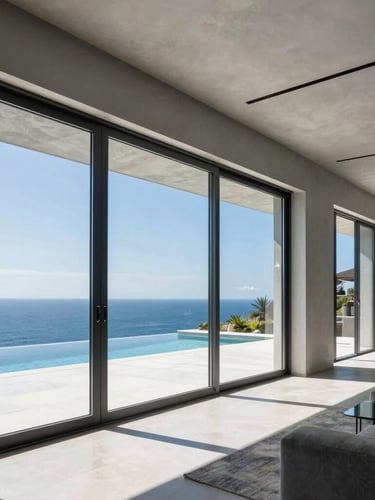 Architectural photography of a modern luxury living room with giant minimalist sliding glass doors open to a pool deck, bright natural daylight, sharp metallic textures, deep blue and cool gray tones, ultra-wide angle lens.