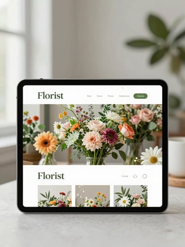 Mockup of a modern florist website on a tablet, displaying vibrant organic flowers, soft natural light, clean layout with rounded corners.