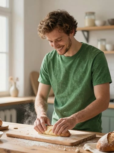 Plan moyen chaleureux d'un boulanger souriant façonnant une pâte dans son fournil, lumière naturelle dorée du matin, farine en mouvement, atmosphère authentique et artisanale, style photographie éditoriale.