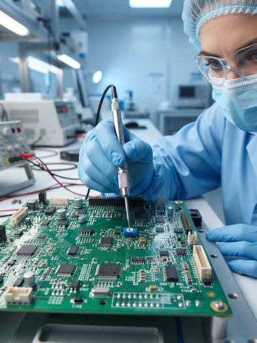 Macro shot of a professional biomedical engineer in a clean clinical lab calibrating a complex green circuit board with micro-components, soft clinical white and surgical blue lighting, 50mm lens