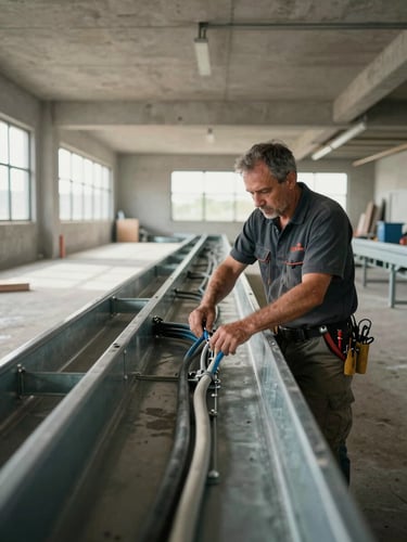 Wide environmental interior shot — an electrician's hands routing armored cables through a steel cable tray inside a large commercial building, concrete ceiling above, natural daylight from a distant window, work-site clarity, no glamour