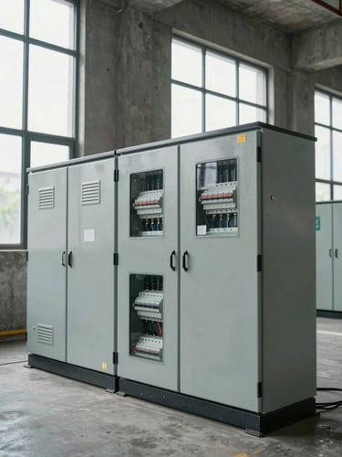 Environmental wide shot of an installed electrical distribution panel inside a concrete industrial building, labelled breakers visible, overcast daylight through a high window, documentary framing showing the system in its real context