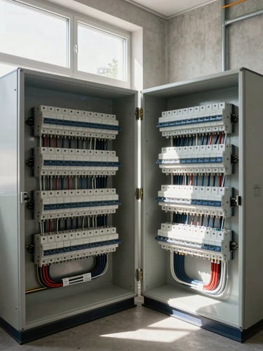Wide interior view of a completed electrical panel installation in a Lithuanian commercial building — rows of labeled circuit breakers and cable trays fixed to a concrete wall, natural daylight from a high window raking across the steel conduits, cables neatly bundled and tagged, the room empty and ready for handover