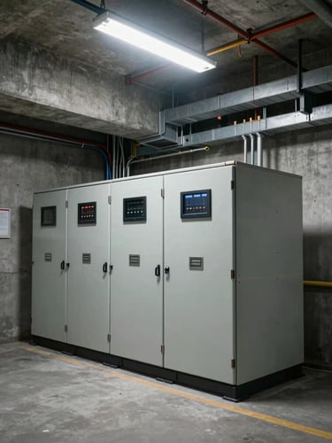 Wide interior shot of a large electrical distribution panel installed in a concrete utility room, dense cable trays running horizontally across the top third of the frame, industrial fluorescent overhead light casting hard shadows on steel enclosures, building infrastructure visible in background