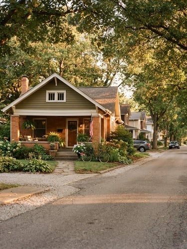 Warm natural light illuminating a modest, well-kept Indiana residential street with mature trees and a cozy family home, 35mm photography