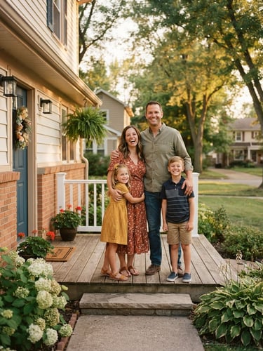 A warm, natural light portrait of a smiling Midwestern family standing on the porch of their modest, well-kept Indiana home, terracotta brick accents, golden hour