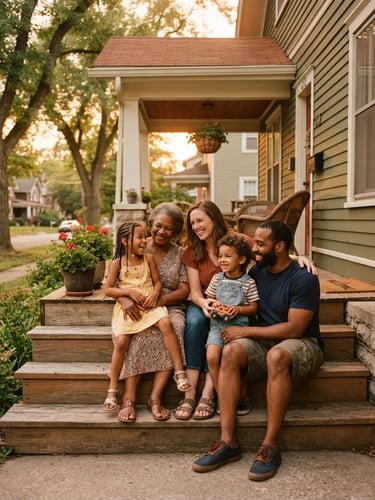 Warm golden-hour portrait of a diverse Midwestern family sitting on the front porch steps of a modest, well-kept Indiana home, soft natural light.