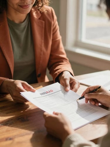 A warm, close-up shot of an Indiana housing counselor and a resident reviewing financial documents together in a sunlit office, soft window light, focus on hands and paperwork