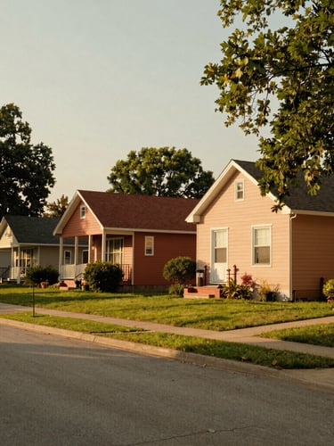 A warm, sun-drenched street in an Indiana neighborhood with modest, well-kept houses, green lawns, and mature trees, captured in soft golden-hour light.
