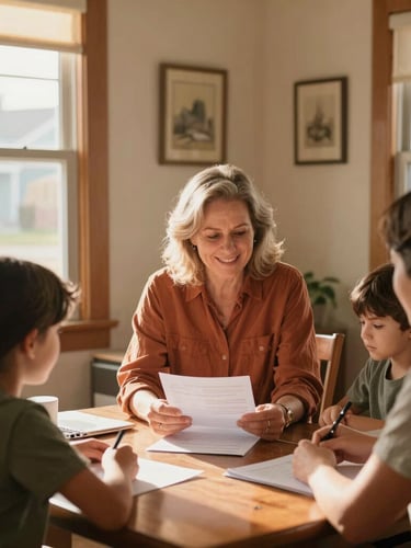 An Indiana housing counselor meeting with a local family in a warm, sun-drenched office, reviewing paperwork together with a compassionate smile.