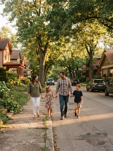 A warm, sunlit residential street in a modest Indiana neighborhood with mature trees and a family walking together, golden hour natural light, 35mm editorial photography.