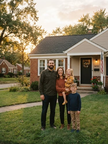 A warm, natural light portrait of a smiling Midwestern family standing in front of their modest, well-kept Indiana neighborhood home, golden hour, 35mm style