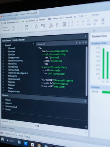 Macro close-up of a dark-themed computer screen displaying a clean Excel spreadsheet with custom VBA code panels and green data charts, cool studio lighting, deep slate tones.