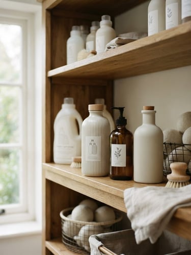 Beautifully packaged laundry bottles on wooden shelves, soft morning window light, muted natural tones, shallow depth of field, 35mm