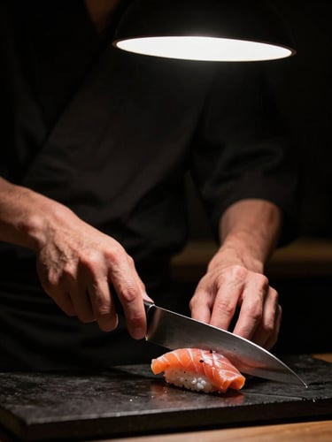 Dramatic portrait-aspect shot of a master sushi chef's hands slicing pristine raw fish under a single soft overhead LED spotlight, dark matte black background, high contrast, 50mm lens