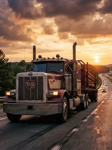 Low-angle heroic shot of a heavy-duty Y & R semi-truck on a South Carolina highway at golden hour, dramatic sky, 35mm cinematic photography
