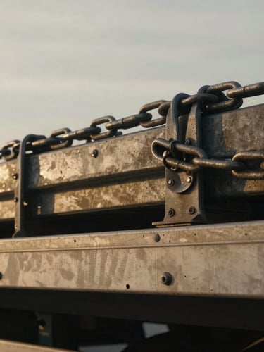 Close-up of heavy-duty steel rigging and secured cargo chains on a flatbed trailer, dramatic overcast lighting, gritty cinematic photography