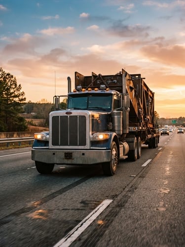 Low-angle cinematic shot of a Y & R flatbed truck hauling heavy cargo on a South Carolina highway during golden hour, rich industrial tones, 35mm