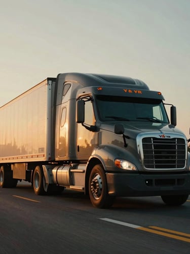 Low-angle gritty cinematic photograph of a modern Y & R semi-truck driving on a South Carolina highway during sunrise, rich industrial tones, 35mm