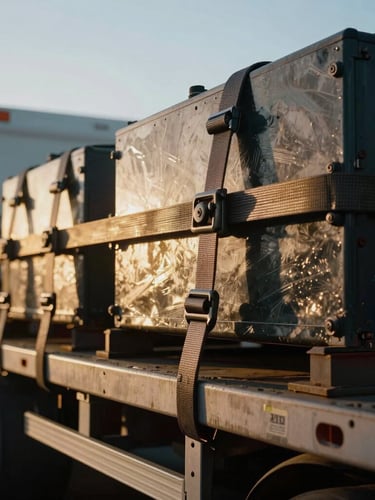 Tight close-up of heavy-duty steel rigging and tension straps securing industrial cargo on a flatbed trailer, crisp morning light glinting off metal, 35mm.