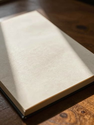 Macro close-up of a bound legal brief on a heavy oak table, strong directional natural light casting sharp geometric shadows across textured cream paper.