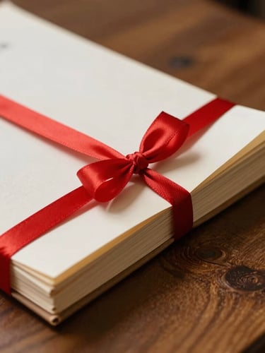 A macro close-up of a bound legal brief tied with traditional red ribbon, resting on a heavy oak table under sharp directional natural light.