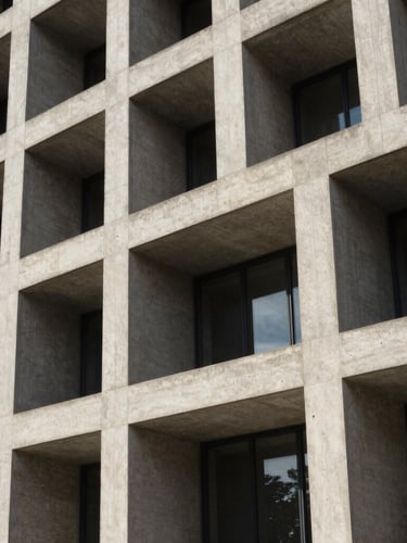Architectural detail of a modern court building facade, sharp geometric concrete lines and deep shadows under bright, directional natural light.