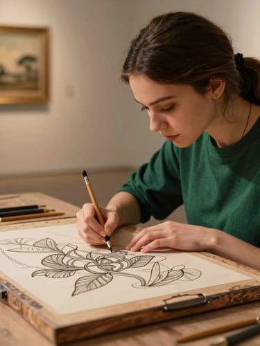 فنانة شابة ترسم بدقة تفاصيل هندسية معقدة على لوح خشبي، إضاءة درامية تسلط الضوء على يديها وأدواتها، خلفية معمارية هادئة، ألوان ترابية وتركيز حاد.