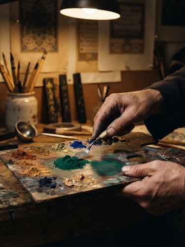 Close-up of an artist's hands meticulously preparing traditional pigments on a wooden palette, with calligraphic tools and geometric patterns subtly visible in the background, under dramatic gallery spotlighting, sharp focus, 35mm.