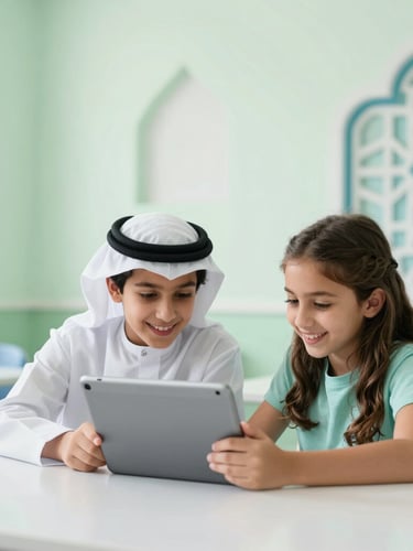 Wide shot of a young Arab boy and girl smiling and collaborating on a tablet in a bright, modern classroom, geometric Islamic patterns subtly integrated into the background decor, natural daylight, soft green and blue tones, shallow depth of field.