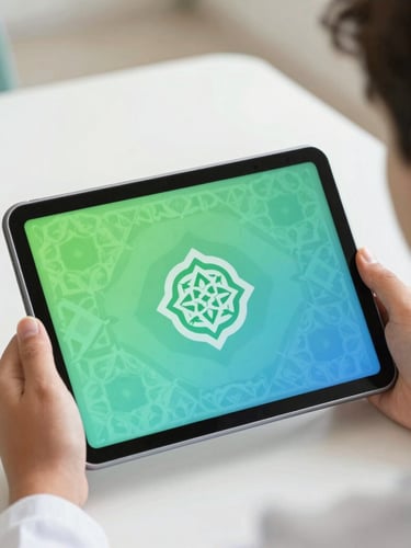 Close-up of a young Saudi student's hands holding a modern tablet displaying an interactive Quran memorization challenge, geometric Islamic pattern background, soft daylight, green and blue tones.