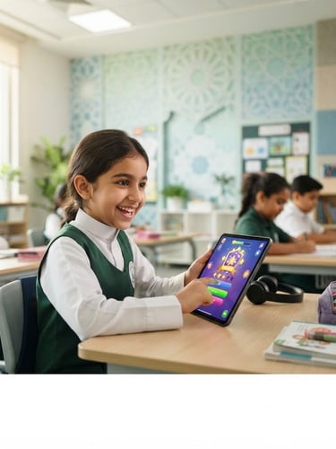 Wide panoramic of a young Saudi student joyfully interacting with a tablet showing a gamified quiz, bright modern classroom, natural daylight, soft green and blue tones, geometric Islamic patterns in the background.
