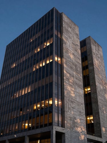 Dramatic low-key architectural photography of a modern concrete and glass corporate headquarters in São Paulo at blue hour, sharp shadows, copper interior light glowing through windows, 35mm lens